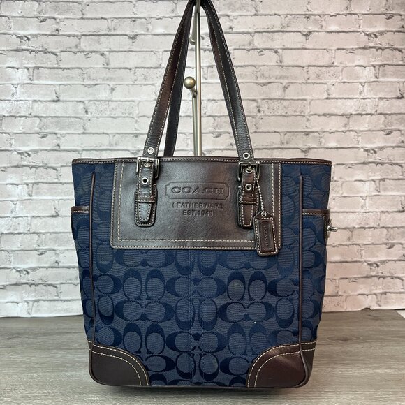 COACH Legacy Signature Navy Blue Canvas Leather Trim Tote Bag - Picture 1 of 7